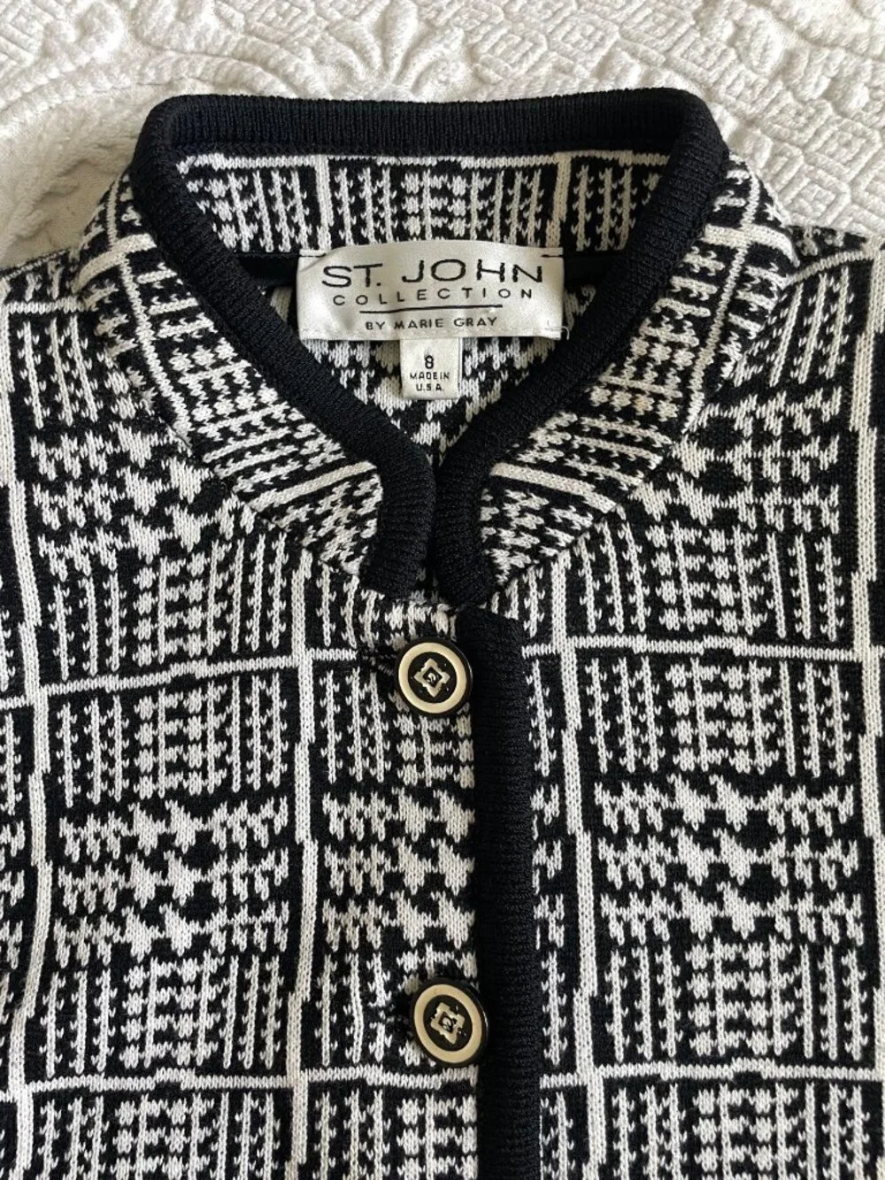 St. John Collection Old Money Abstract Houndstooth Black + White Knit Jacket 8